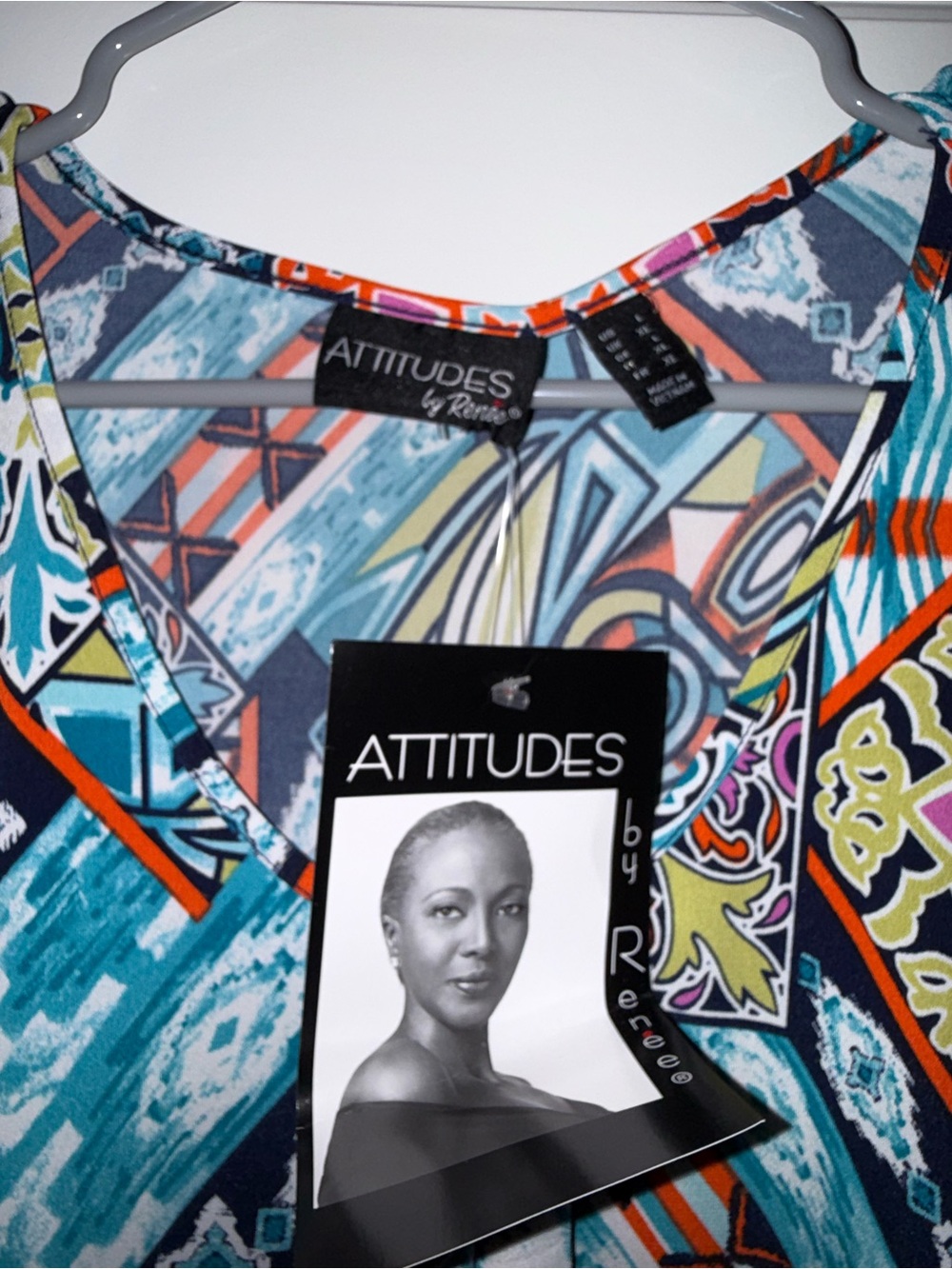 Attitudes by Renee Teal, Navy & Orange Geometric V-Neck Tunic Top